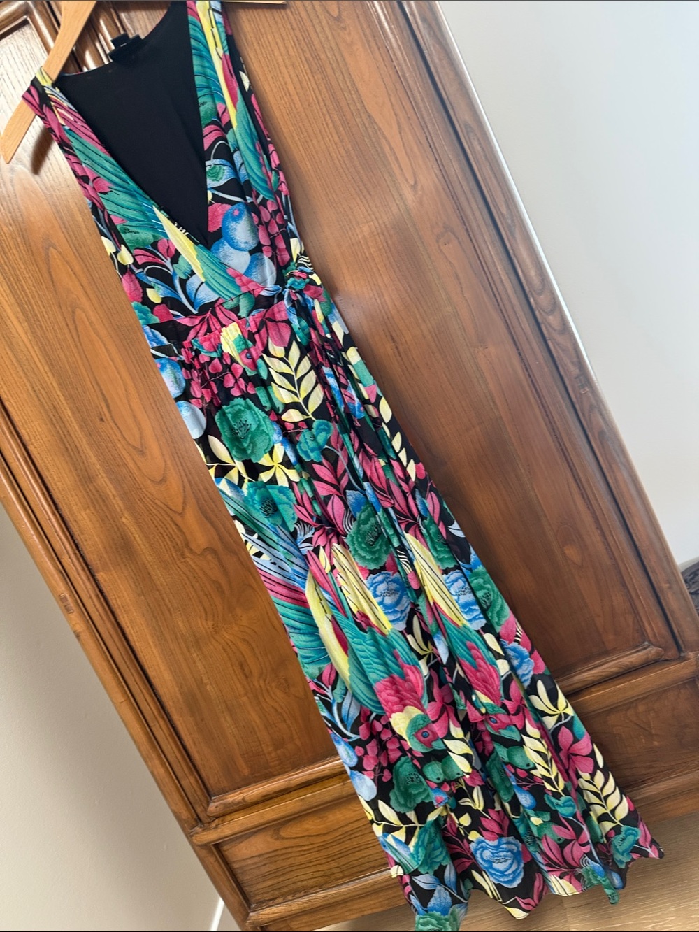Maeve Black Floral V-Neck Maxi Dress with Pink, Teal & Yellow Accents